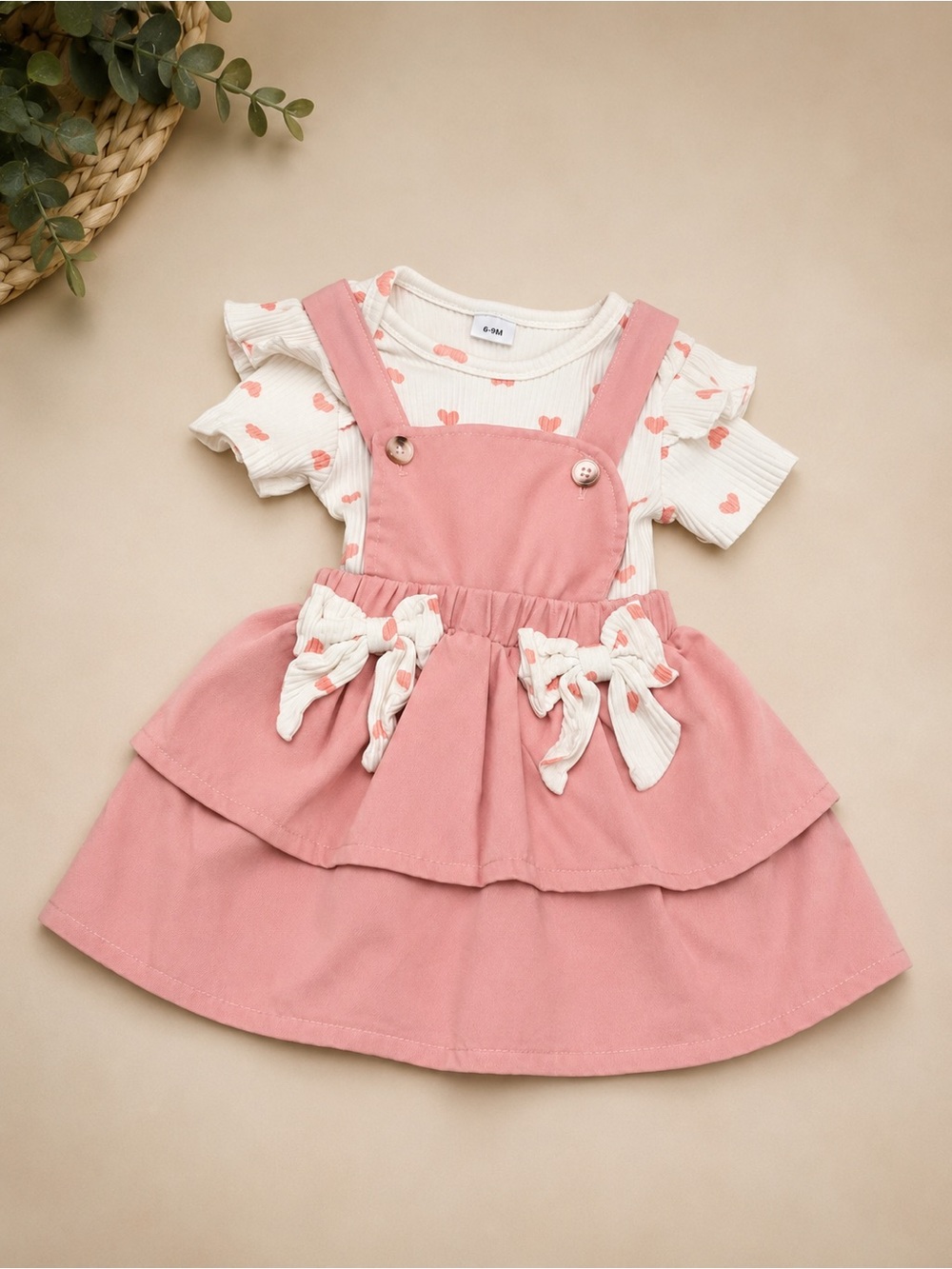 Pink Suspender Dress with Heart Tee Set